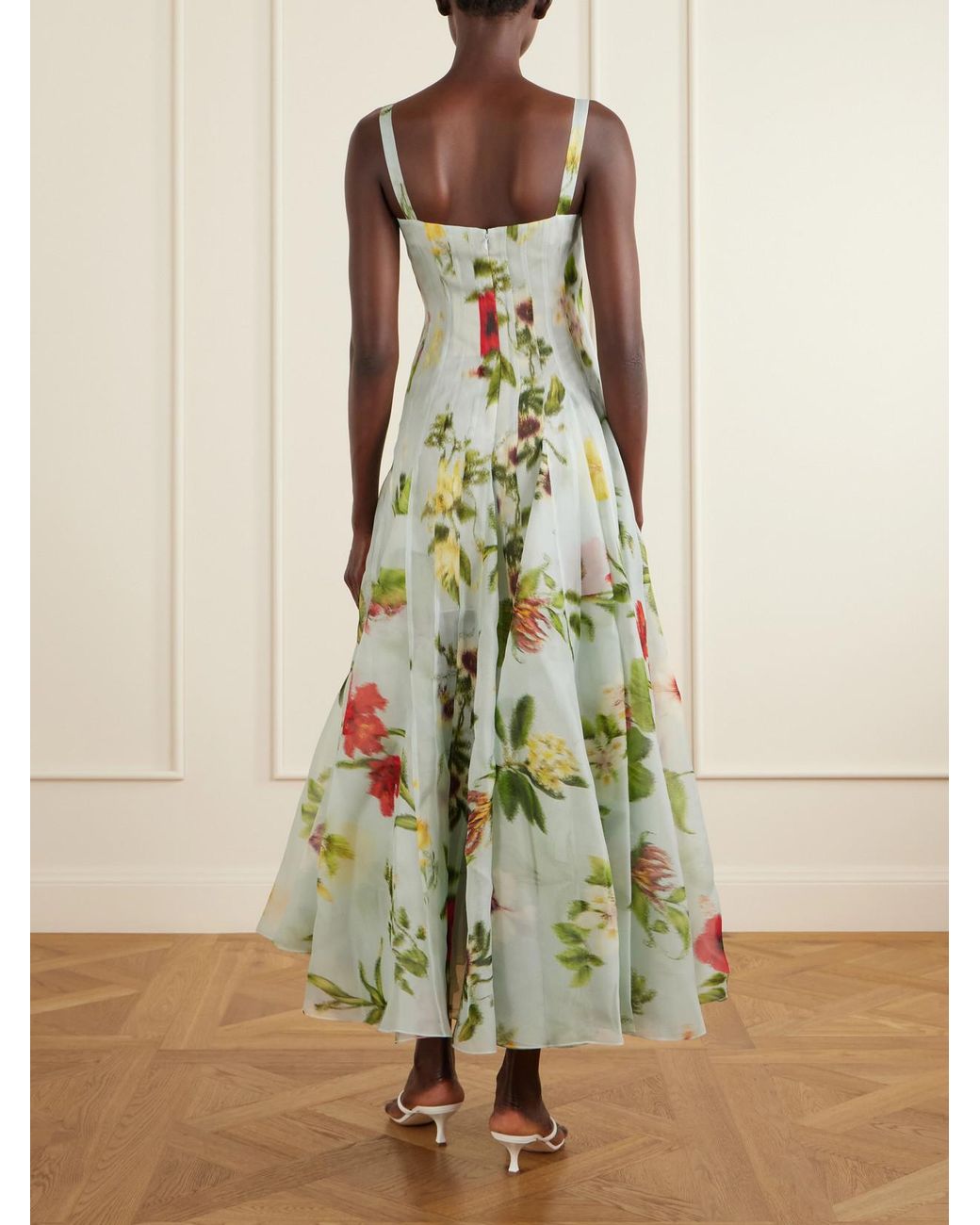 Oscar de la Renta White Paneled Floral-Printed Organza Silk Gown