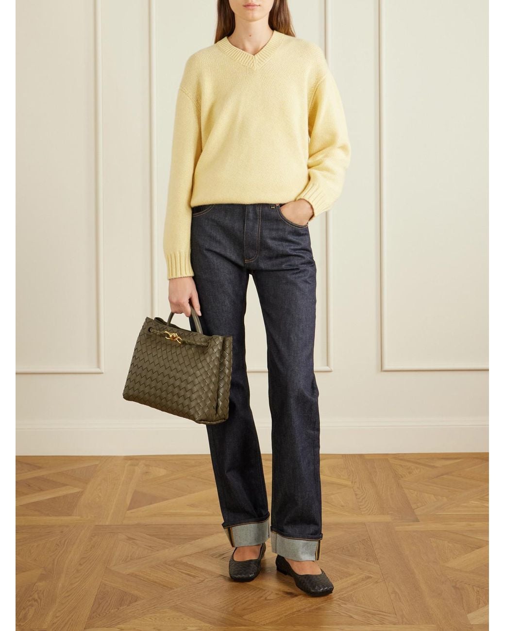 Bottega Veneta Green Andiamo Medium Intrecciato Leather Top-Handle Bag