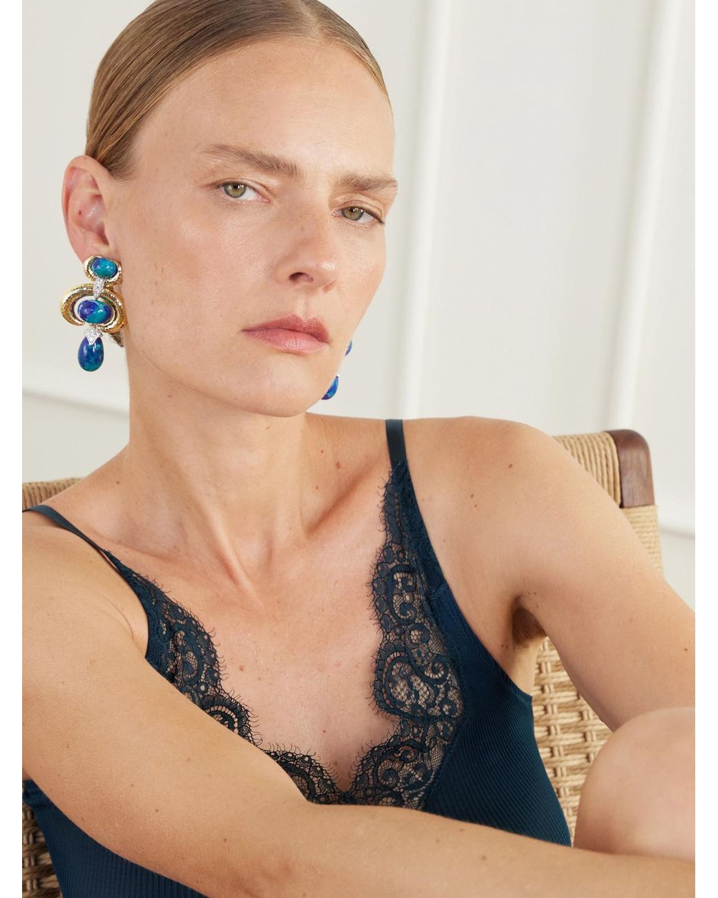 David Webb Blue Double Crescent 18-Karat And Platinum, Diamond And Azurmalachite Earrings
