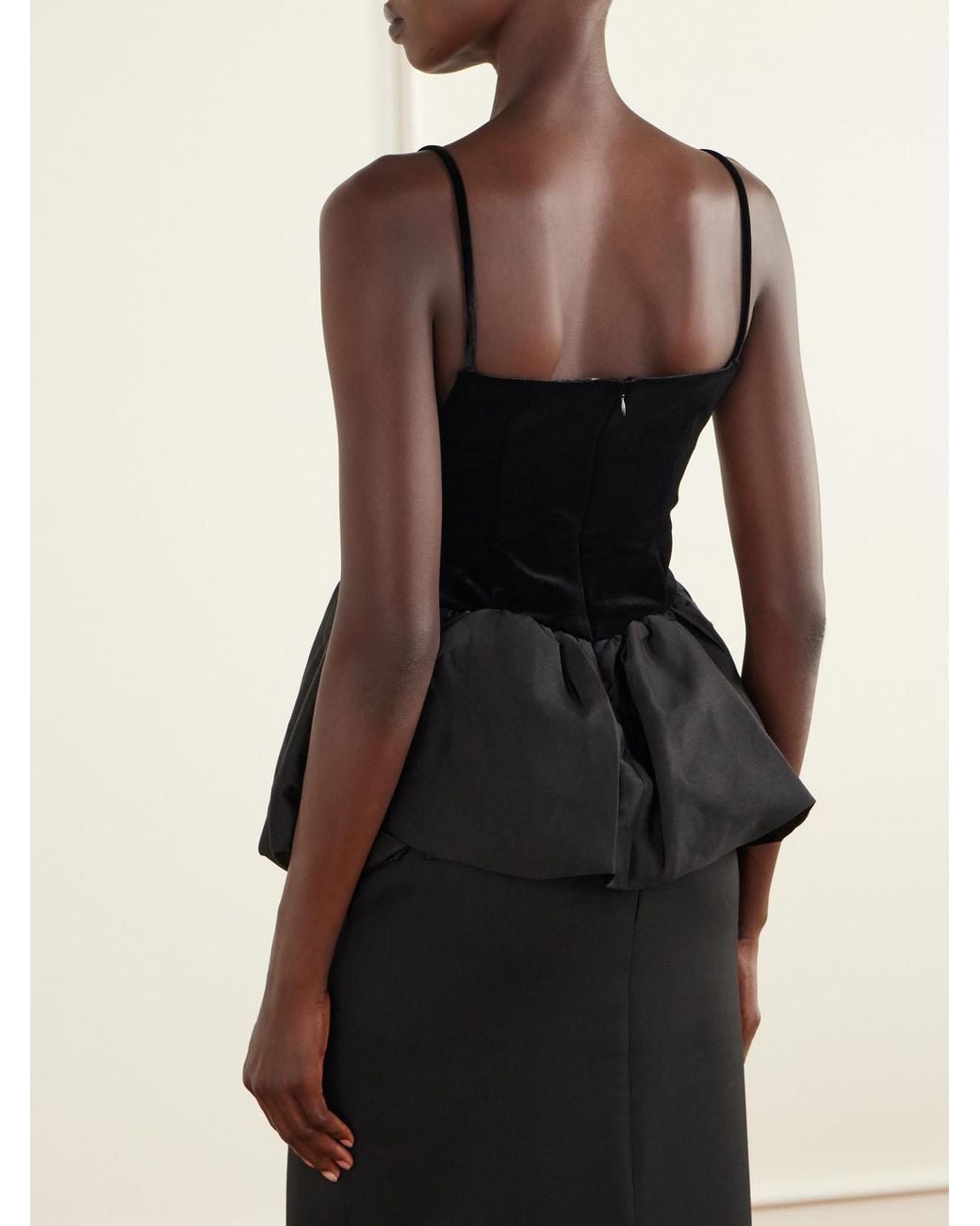 Self-Portrait Black Bow-Detailed Peplum Satin-Trimmed Velvet Top