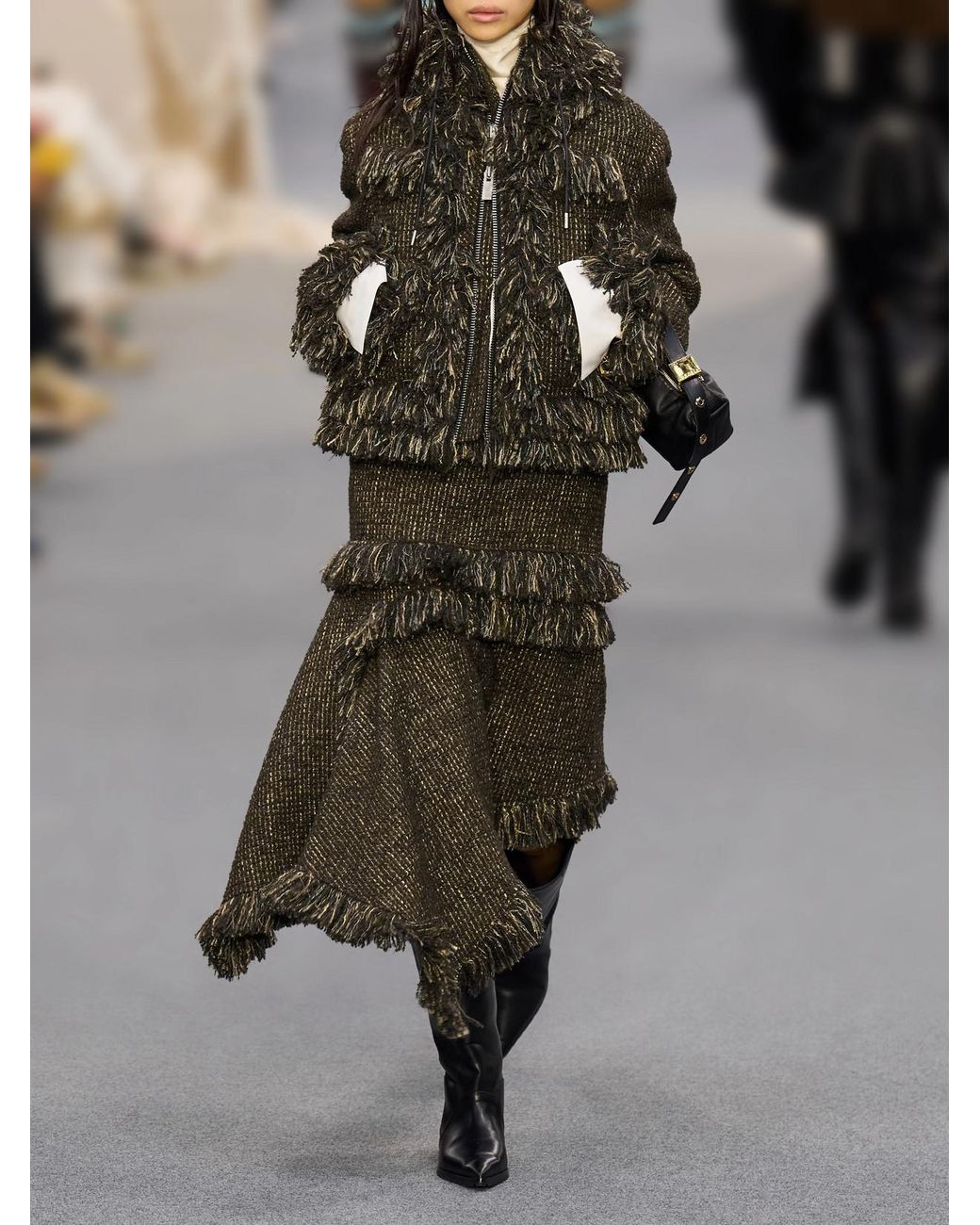 Sacai Brown Fringed Wool-Blend Tweed Midi Skirt
