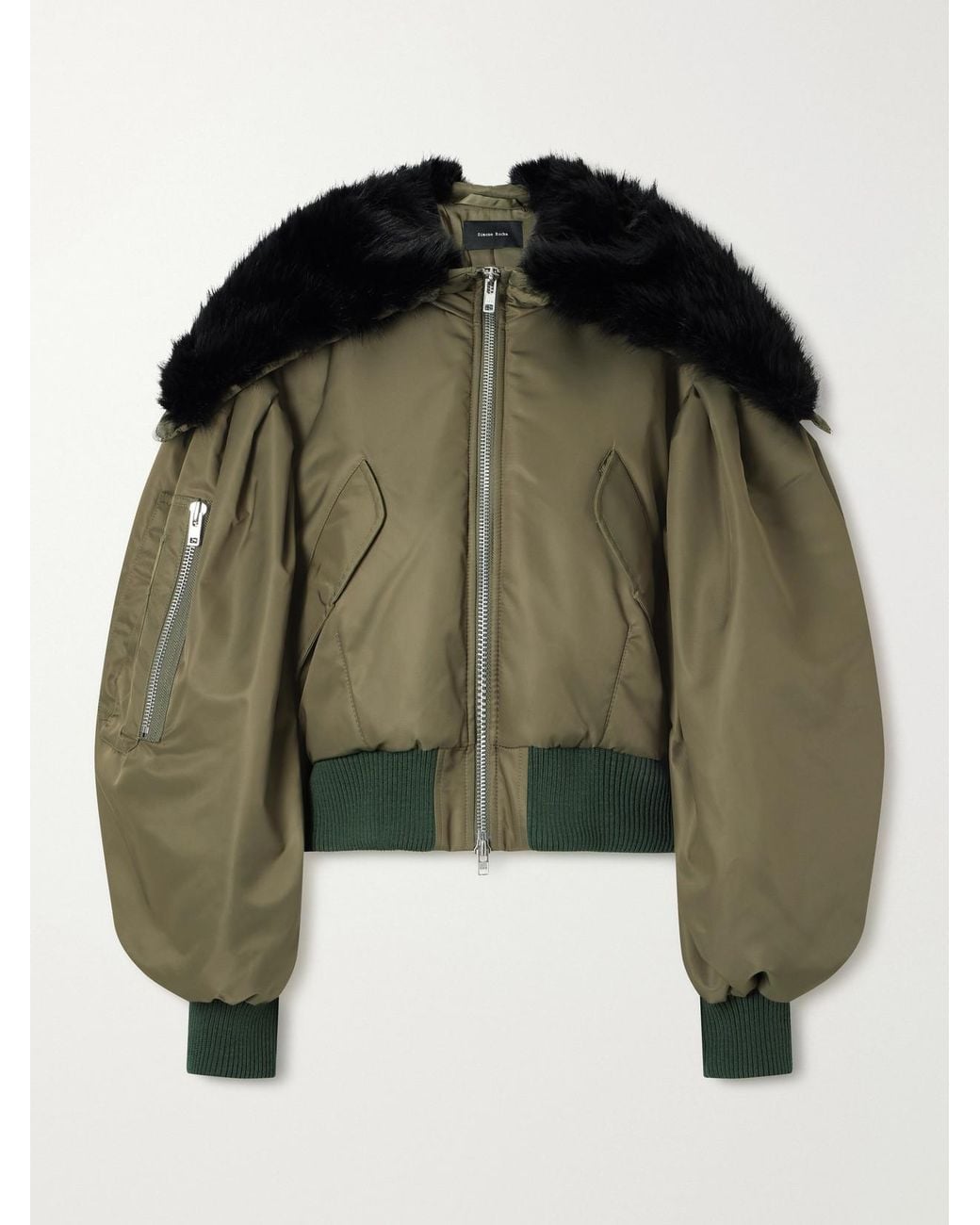 Simone Rocha Green Hooded Cropped Plush-Trimmed Shell Bomber Jacket