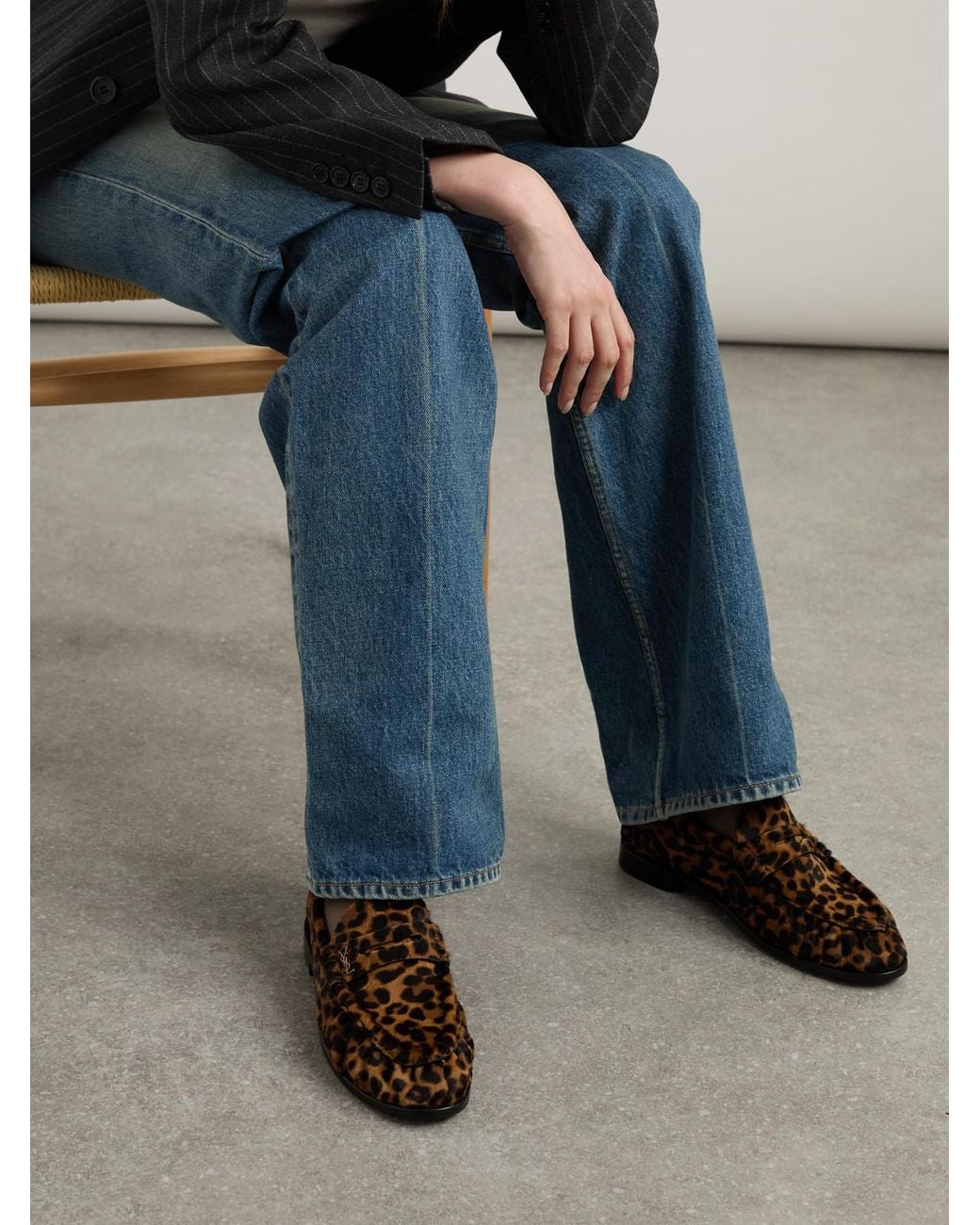 Saint Laurent Brown Leather Leopard Loafers