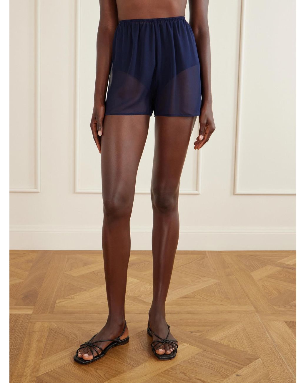 SARA CRISTINA Blue Playa Pearl-Embellished Silk-Chiffon Shorts