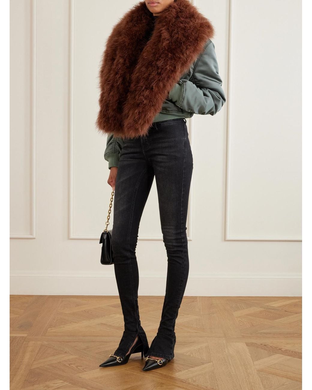 Gucci Brown Gathered Feather-Trimmed Silk-Duchesse Jacket