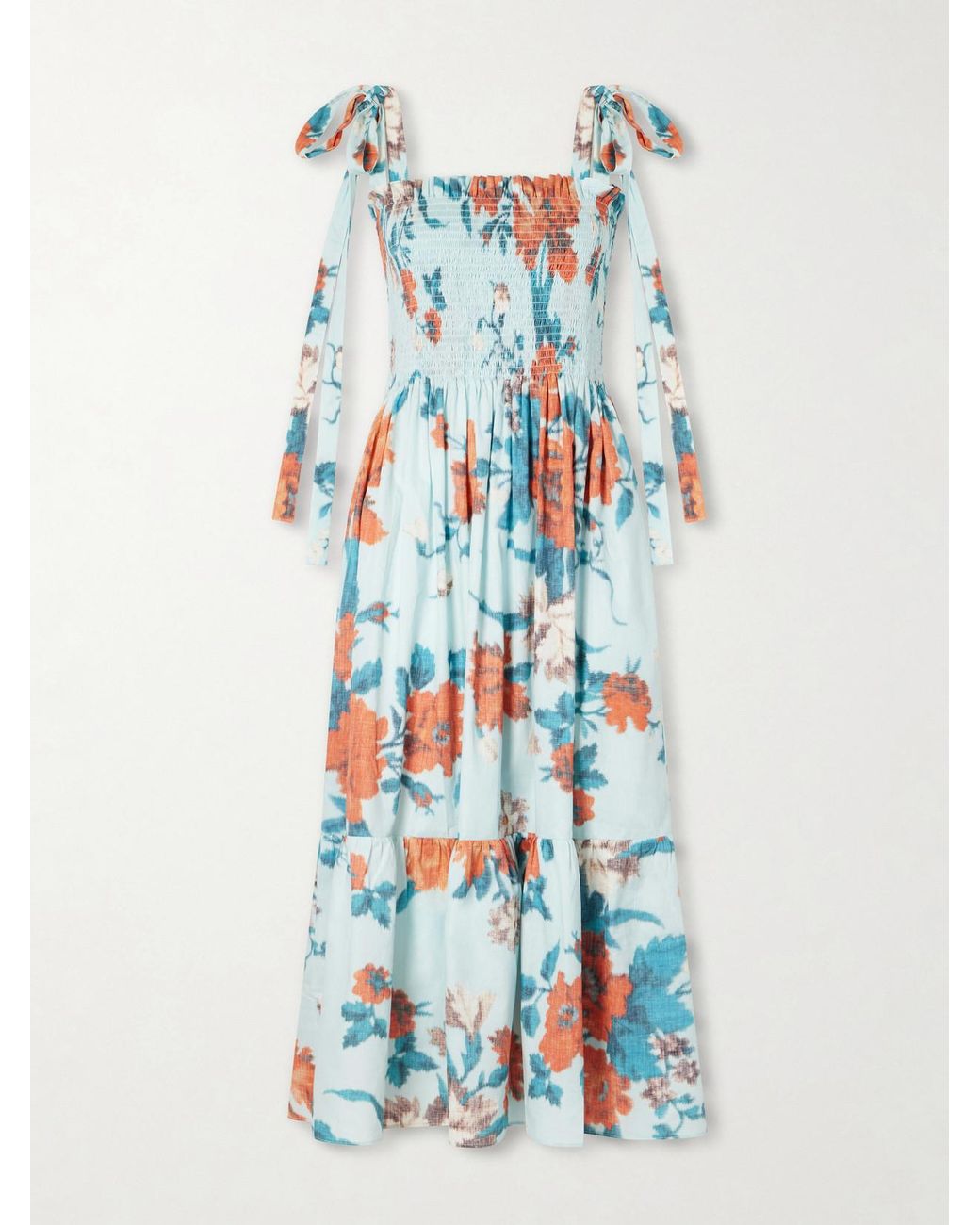 Erdem Blue Shirred Floral-Print Cotton Midi Dress