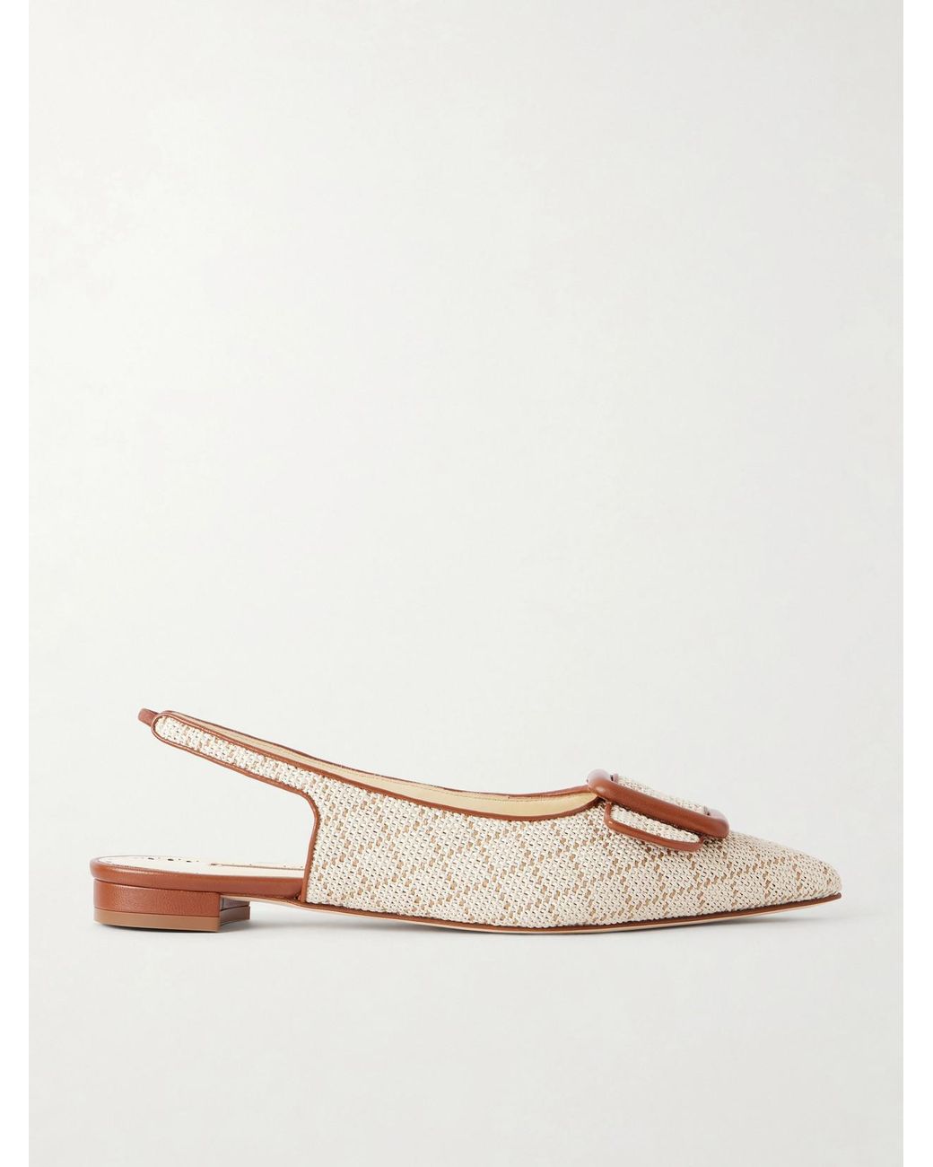 Manolo Blahnik Natural Maylurabi Buckle-Detailed Leather-Trimmed Woven Slingback Pumps