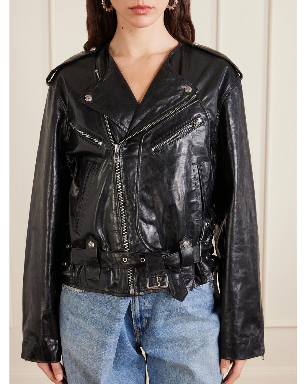 R13 Black Belted Embellished Leather Biker Jacket