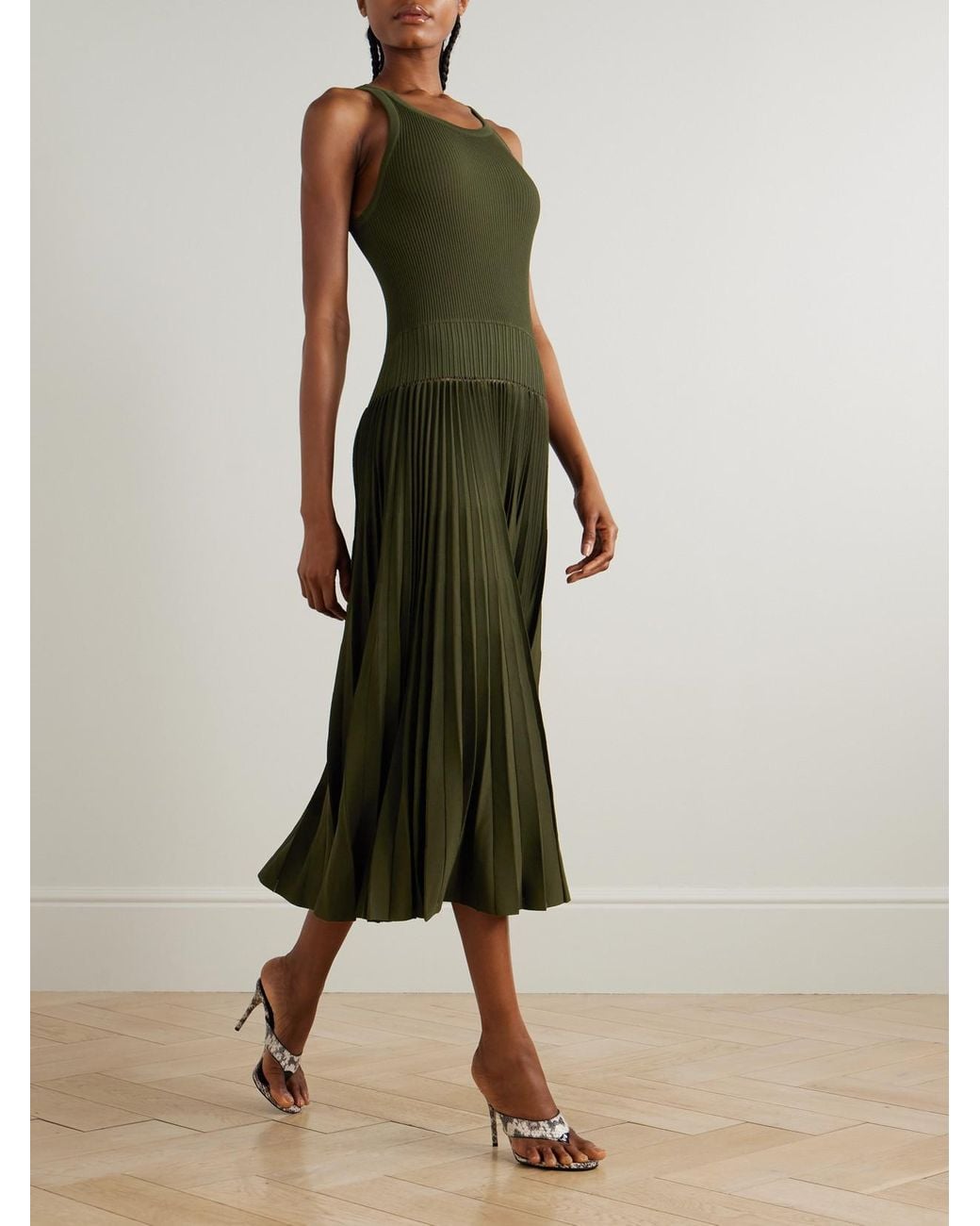 Alaïa Green Pleated Pointelle-Trimmed Ribbed-Knit Midi Dress