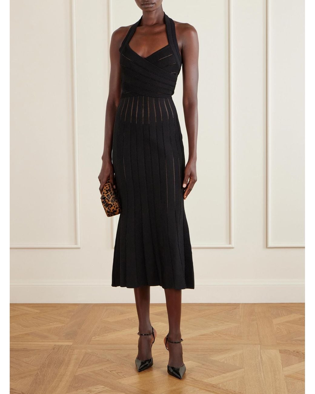 Balmain Black Flechage Jersey Halterneck Midi Dress