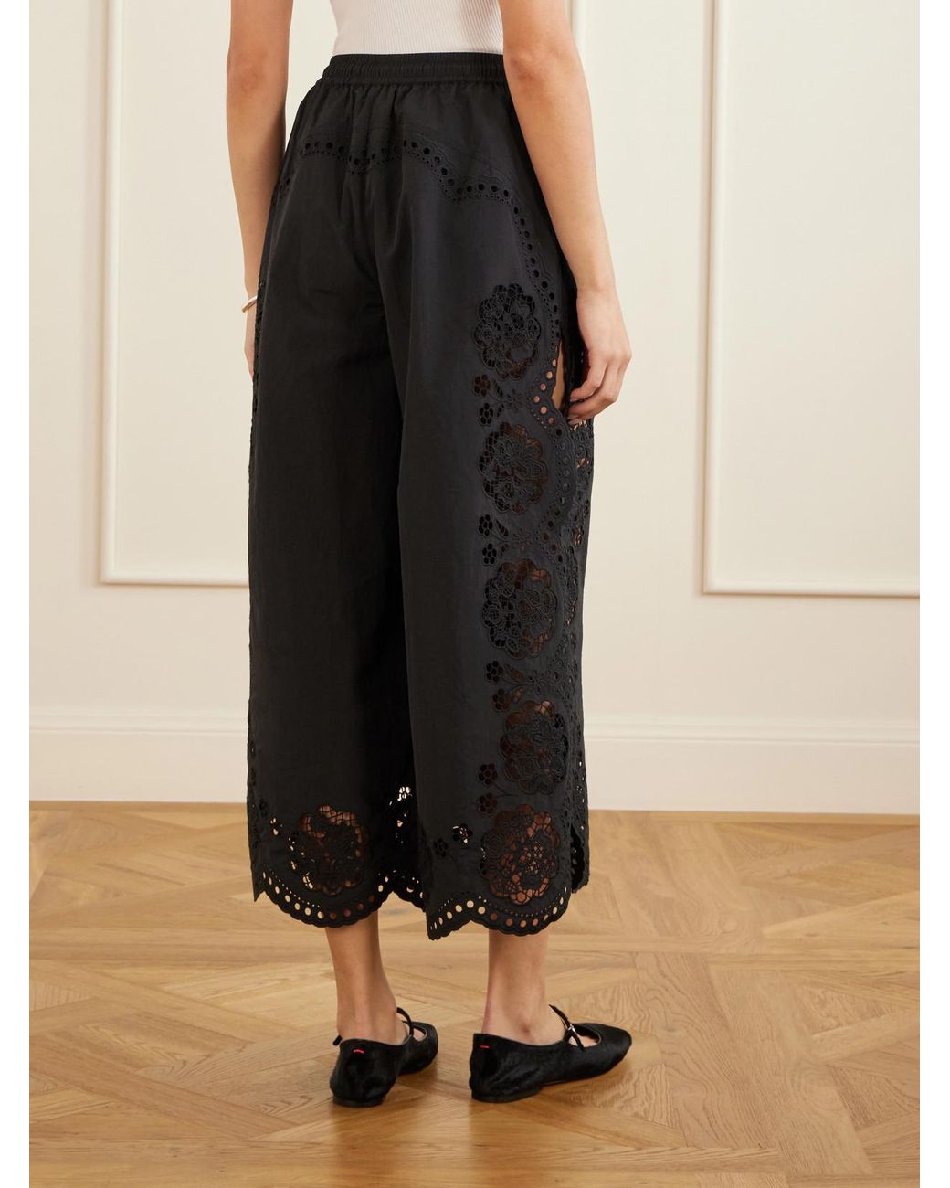 Sea Blue Vittoria Broderie Anglaise-Trimmed Shell Wide-Leg Pants
