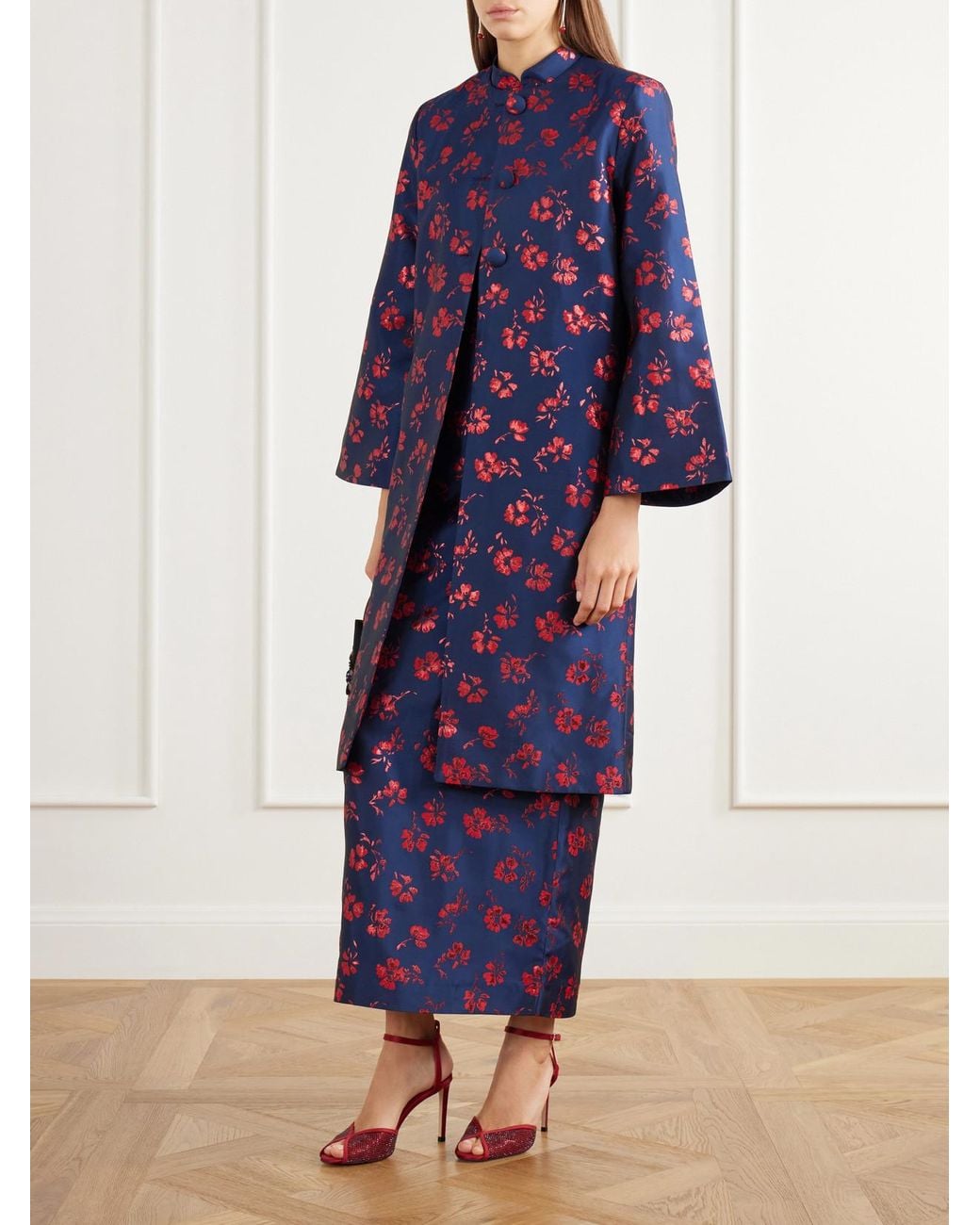 D'Estree Purple Celia Floral-Jacquard Taffeta Midi Dress