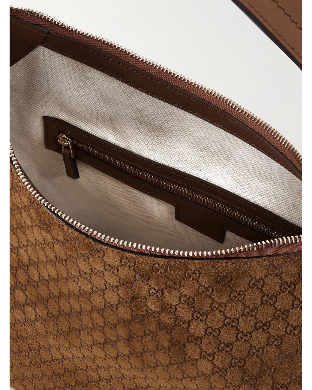 Gucci Brown B Medium Leather-Trimmed Debossed Suede Shoulder Bag