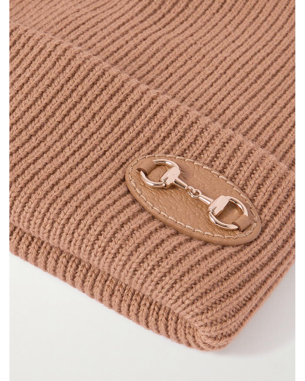 Gucci Natural Horsebit-Detailed Appliquéd Ribbed Wool Beanie
