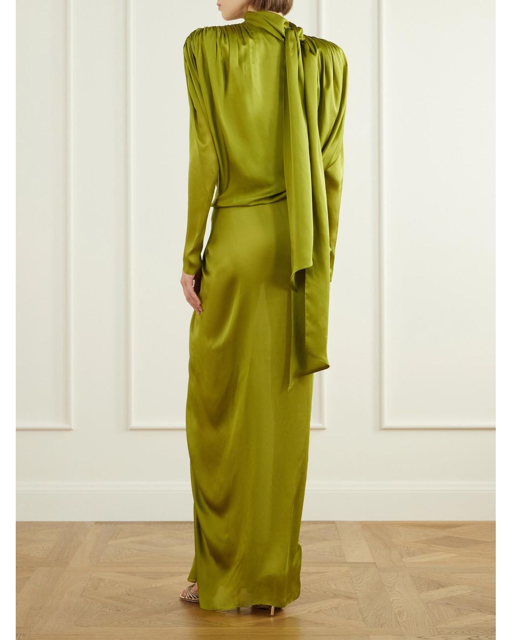 Balmain Green Draped Silk-Charmeuse Maxi Dress
