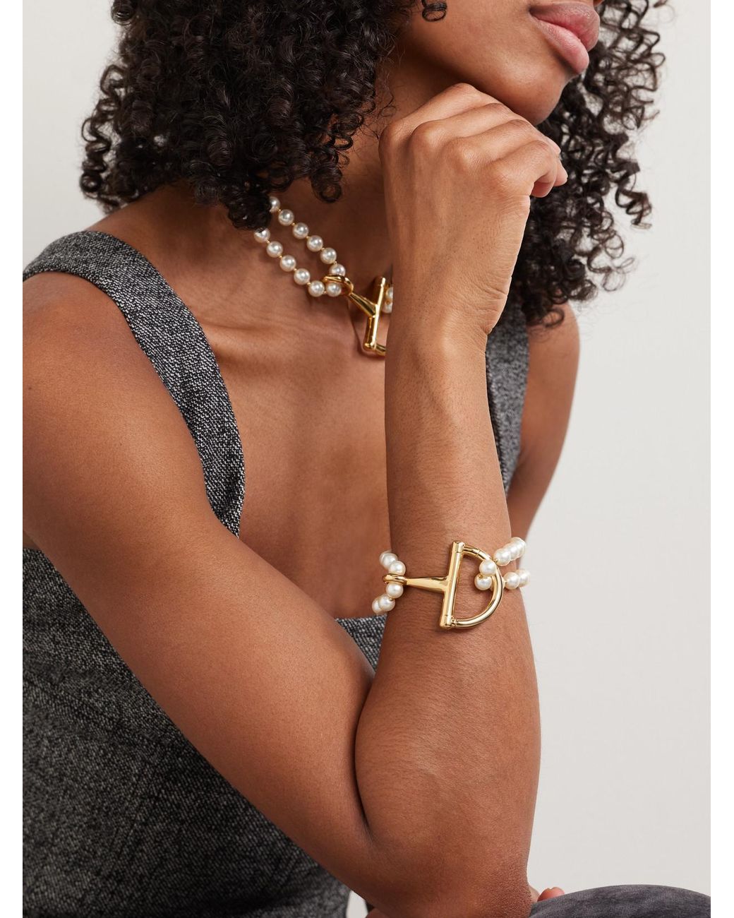 Gucci White Tone And Faux Pearl Bracelet