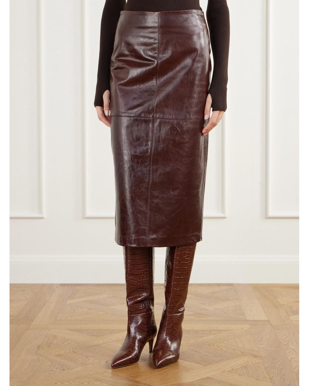 Sportmax Brown Lappole Paneled Glossed-Leather Midi Skirt