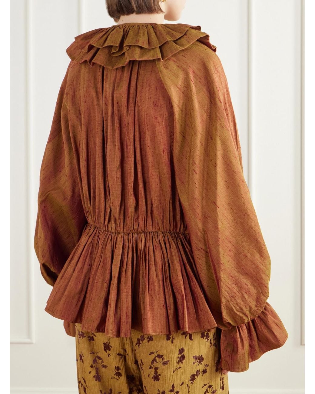 Christopher John Rogers Orange Pussy-Bow Ruffled-Collar Gathered Silk-Dupioni Blouse