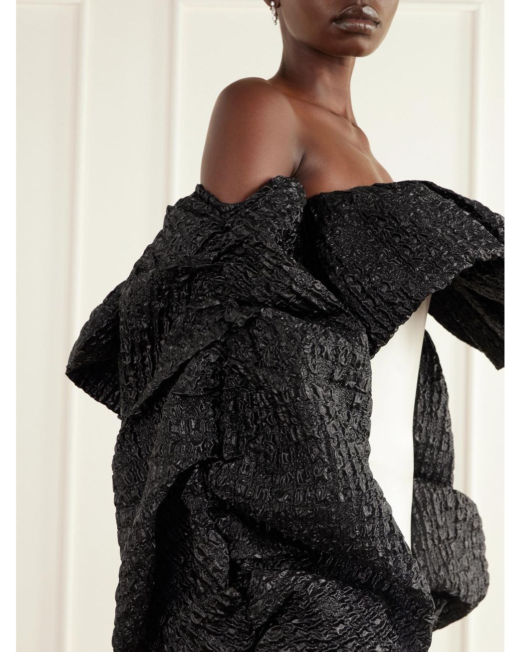 Dima Ayad Black Off-The-Shoulder Cloqué-Trimmed Satin Gown
