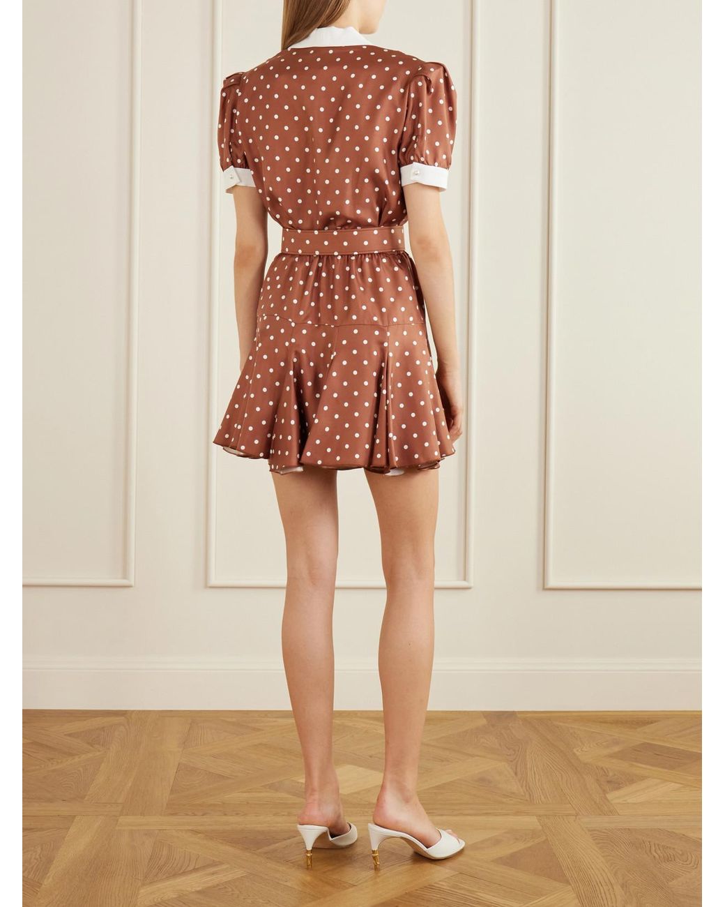 Rodarte Brown Belted Polka-Dot Silk Midi Dress