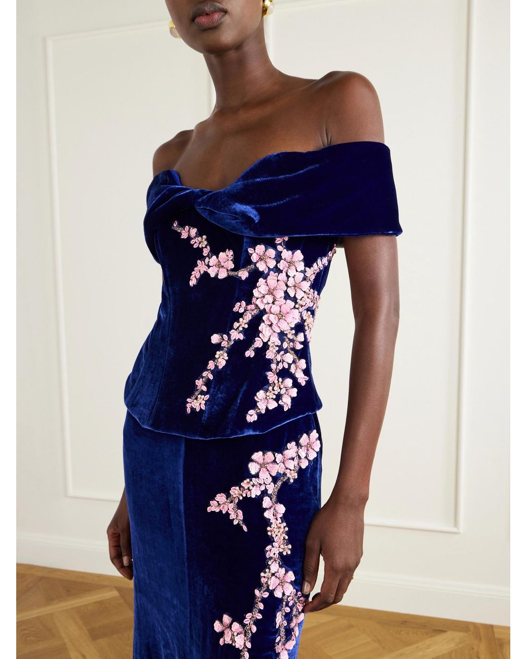 Costarellos Blue Rielle Flower-Appliqué Off-Shoulder Velvet Gown