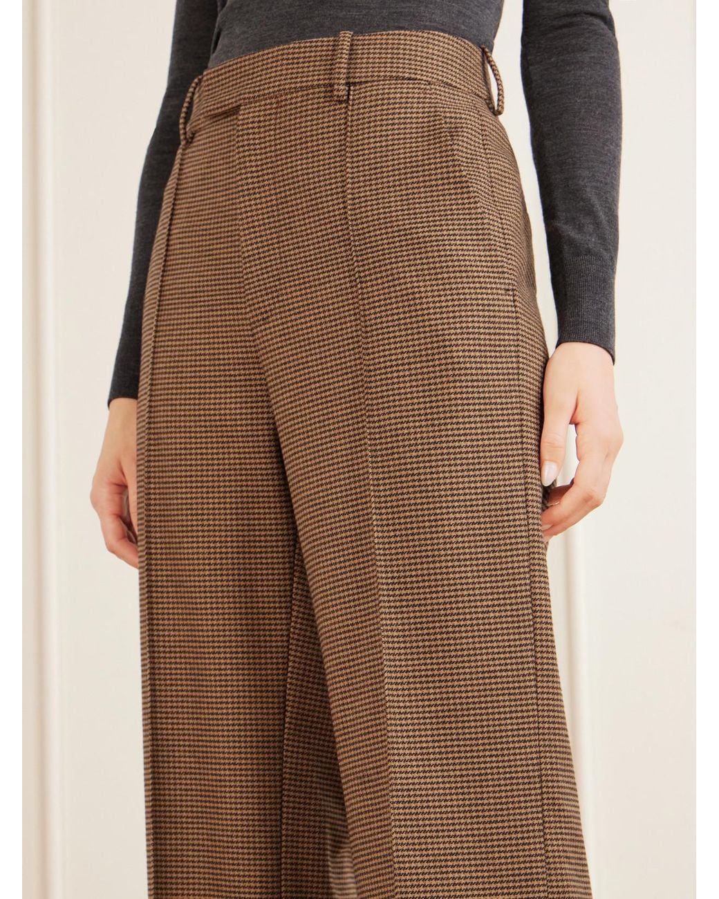 Nili Lotan Brown Etoile Pleated Virgin Wool-Herringbone Straight-Leg Pants