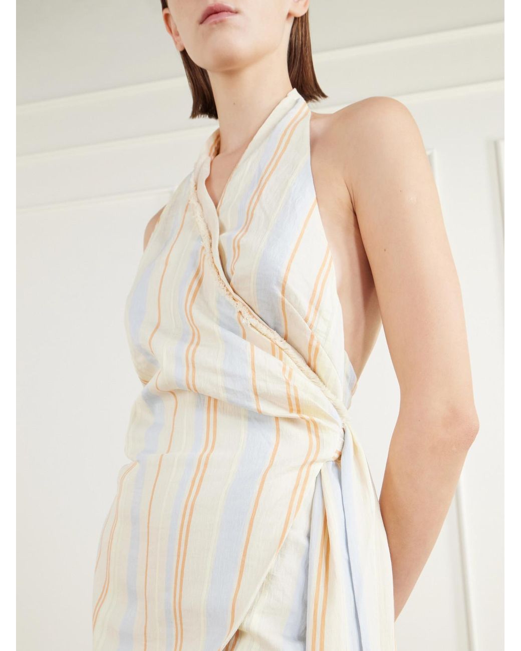Sir White Pernille Frayed Halterneck Striped Woven Wrap Mini Dress