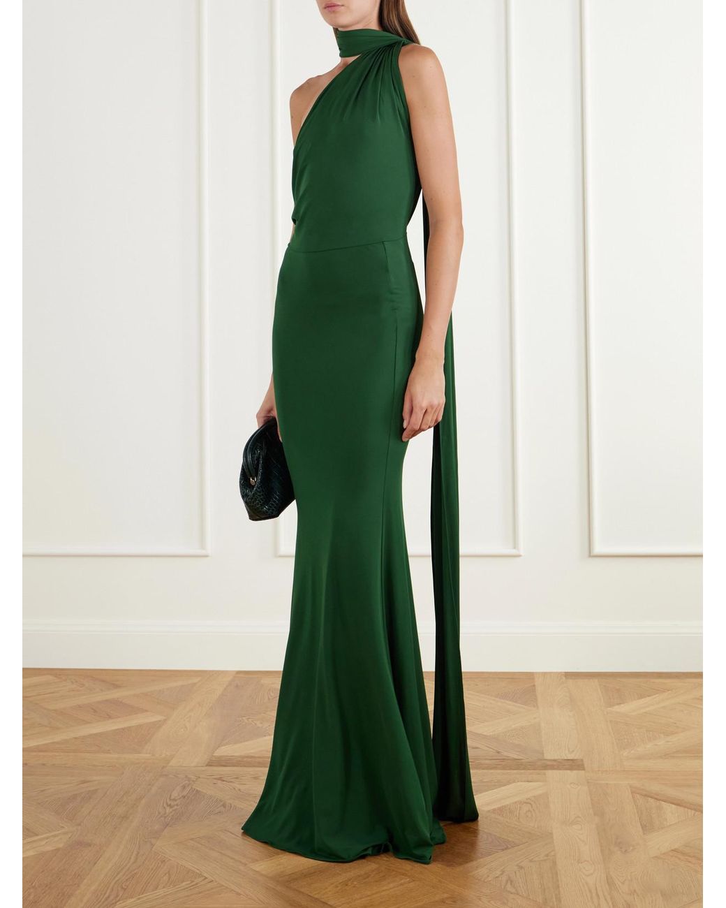 Alex Perry Green Scarf-Detailed One-Shoulder Ruched Jersey Gown