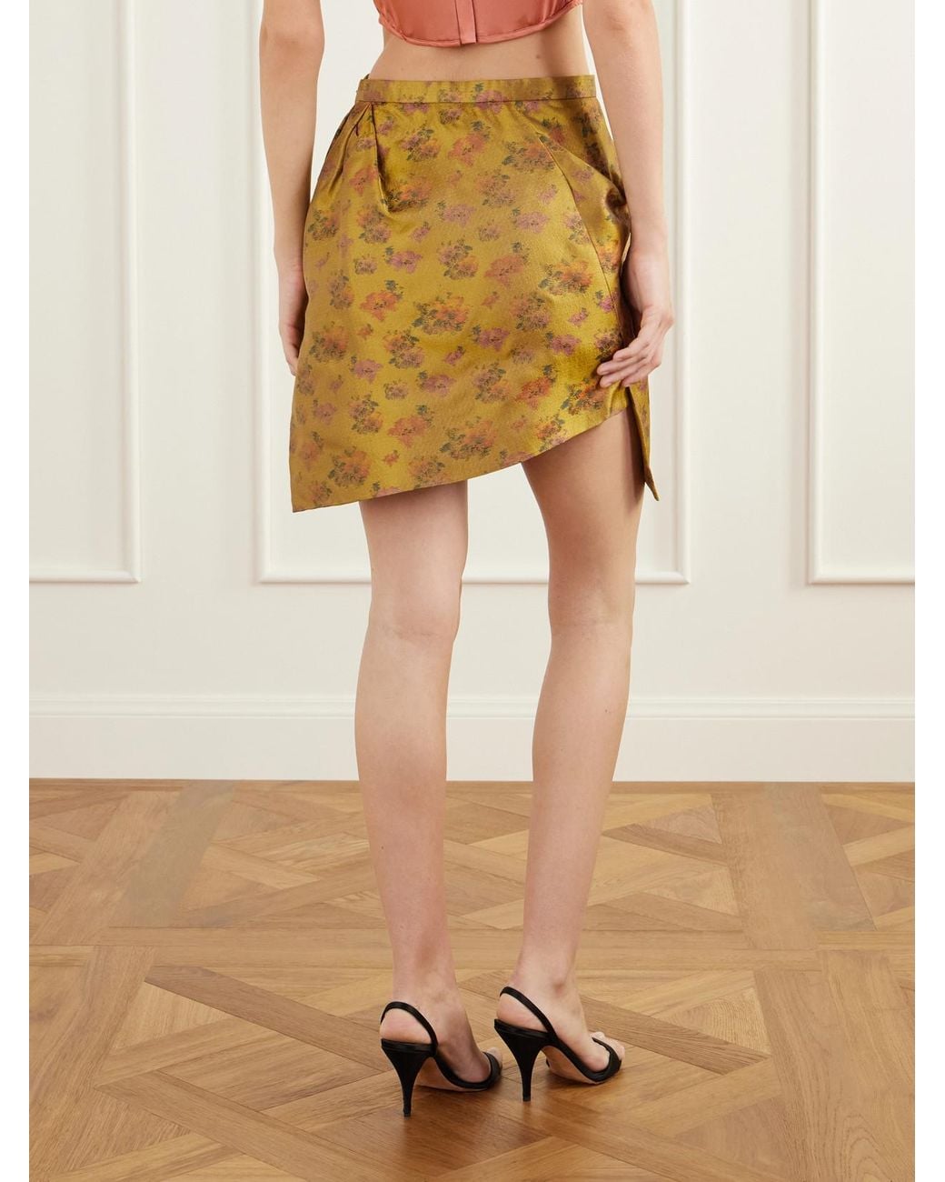Vivienne Westwood Yellow Infinity Asymmetric Wrap-Effect Floral-Jacquard Duchess-Silk Mini Skirt