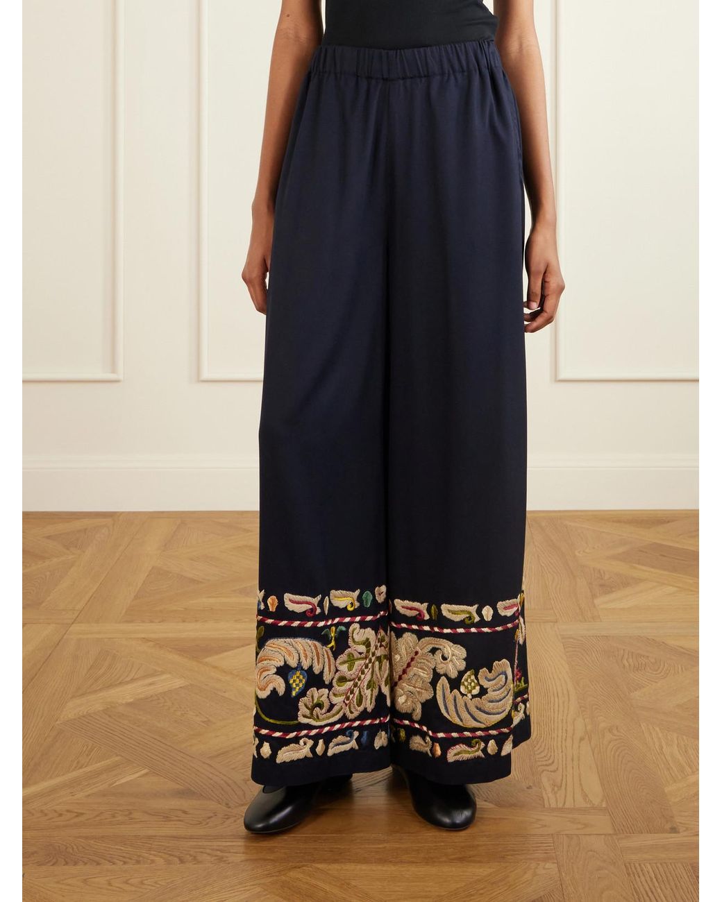 Bode Blue Feather Runner Embroidered Cotton-Blend Flared Pants
