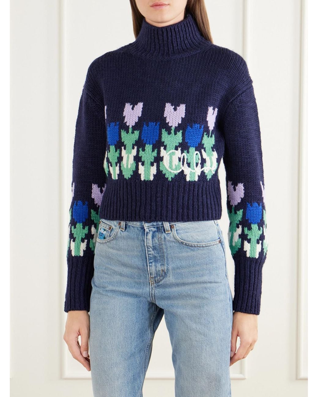 Chloé Blue Cropped Mock-Neck Floral-Intarsia Wool Sweater
