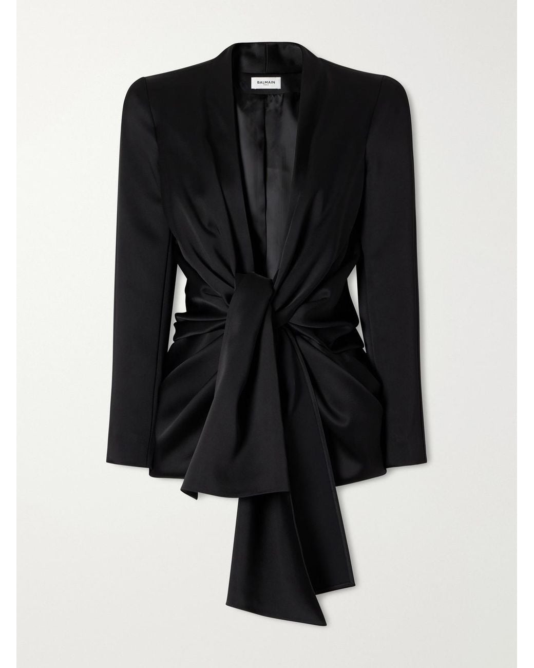 Balmain Black Tie-Detailed Draped Satin-Crepe Jacket