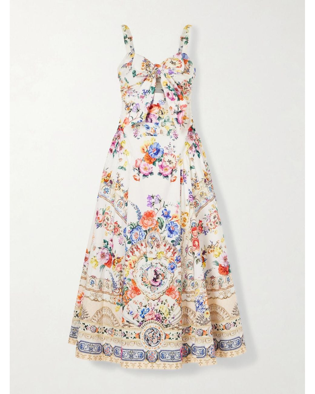 Camilla White Ballerina Tie-Detailed Cutout Ruched Floral-Print Cotton-Blend Midi Dress