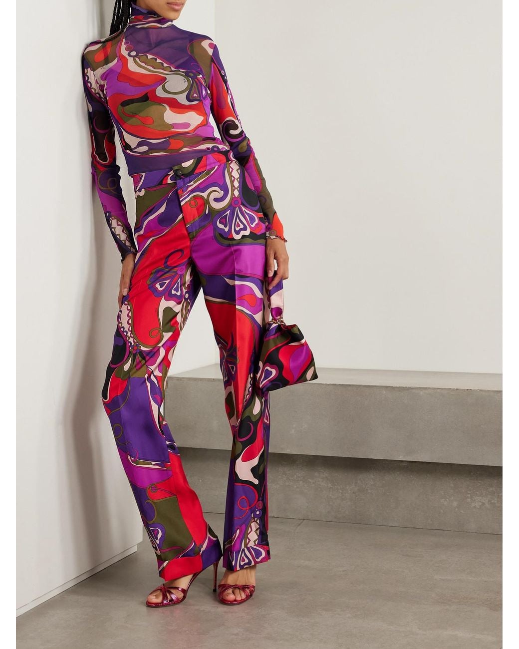Emilio Pucci Multicolor Orchidee Printed Silk-Twill Straight-Leg Pants