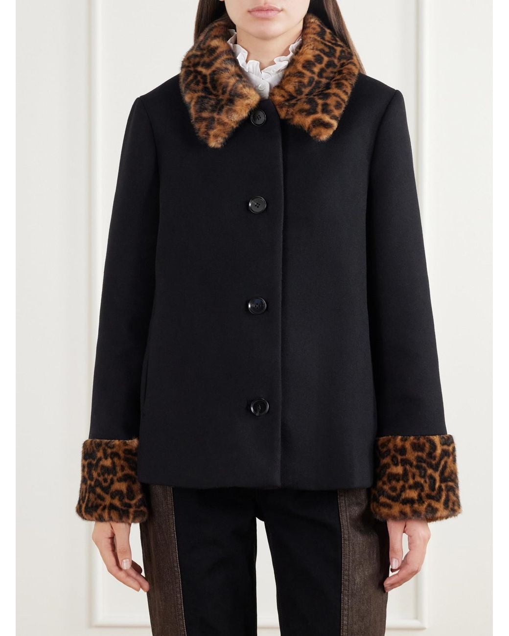 Rixo Black Aldith Leopard Plush-Trimmed Melton Wool-Blend Jacket