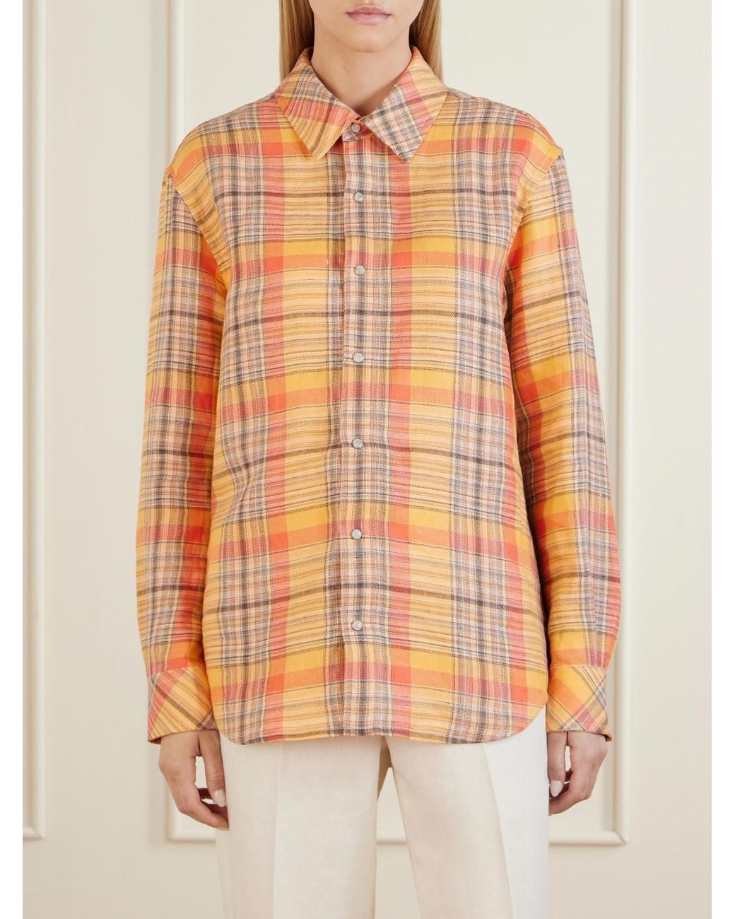 God's True Cashmere Orange Twilight Checked Linen Shirt