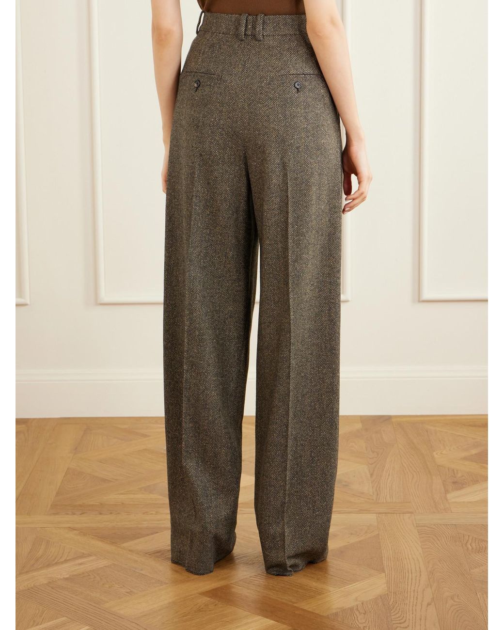 Saint Laurent Natural Pleated Herringbone Wool-Blend Straight-Leg Pants