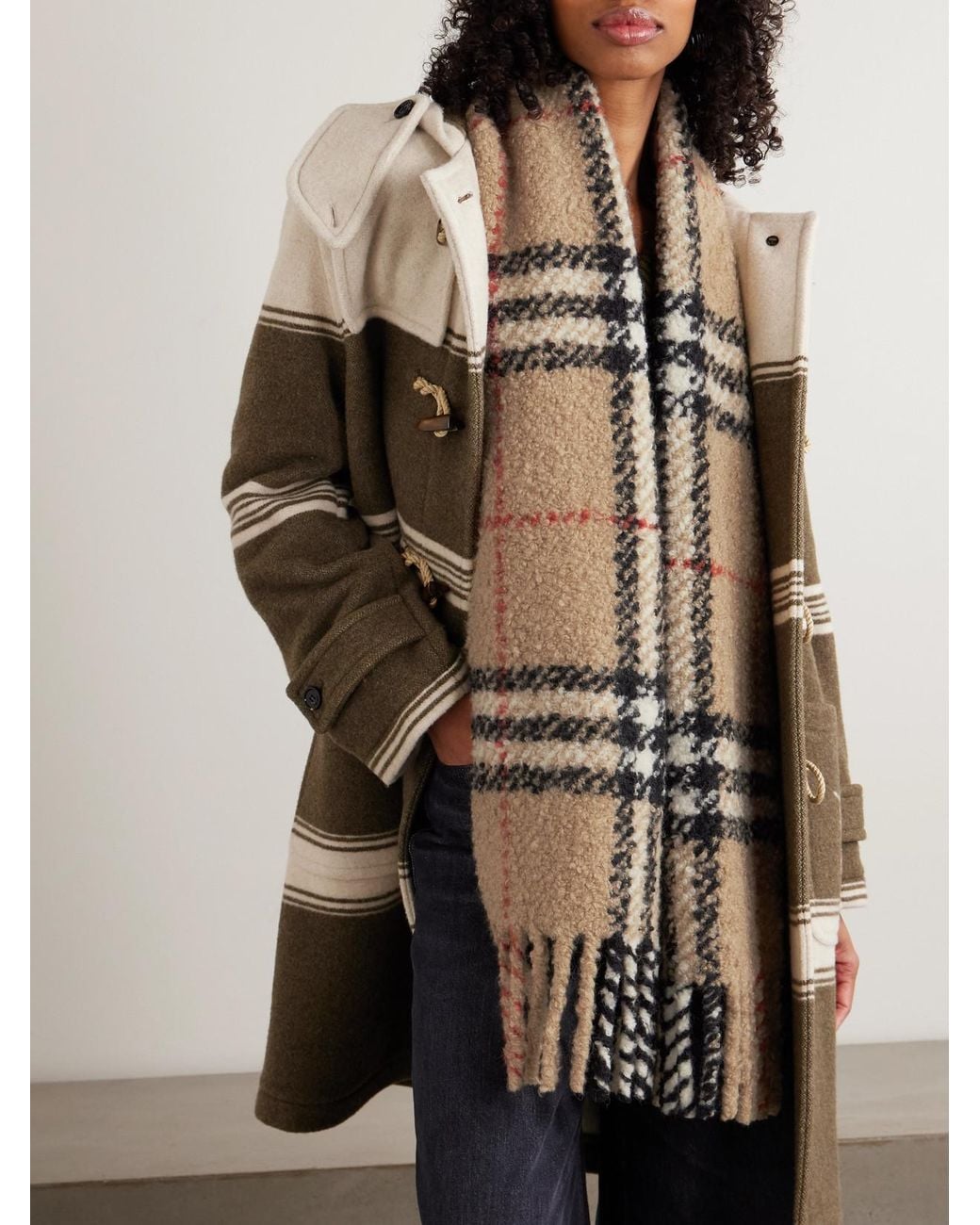 Burberry Natural Fringed Checked Alpaca And Wool-Blend Bouclé Scarf