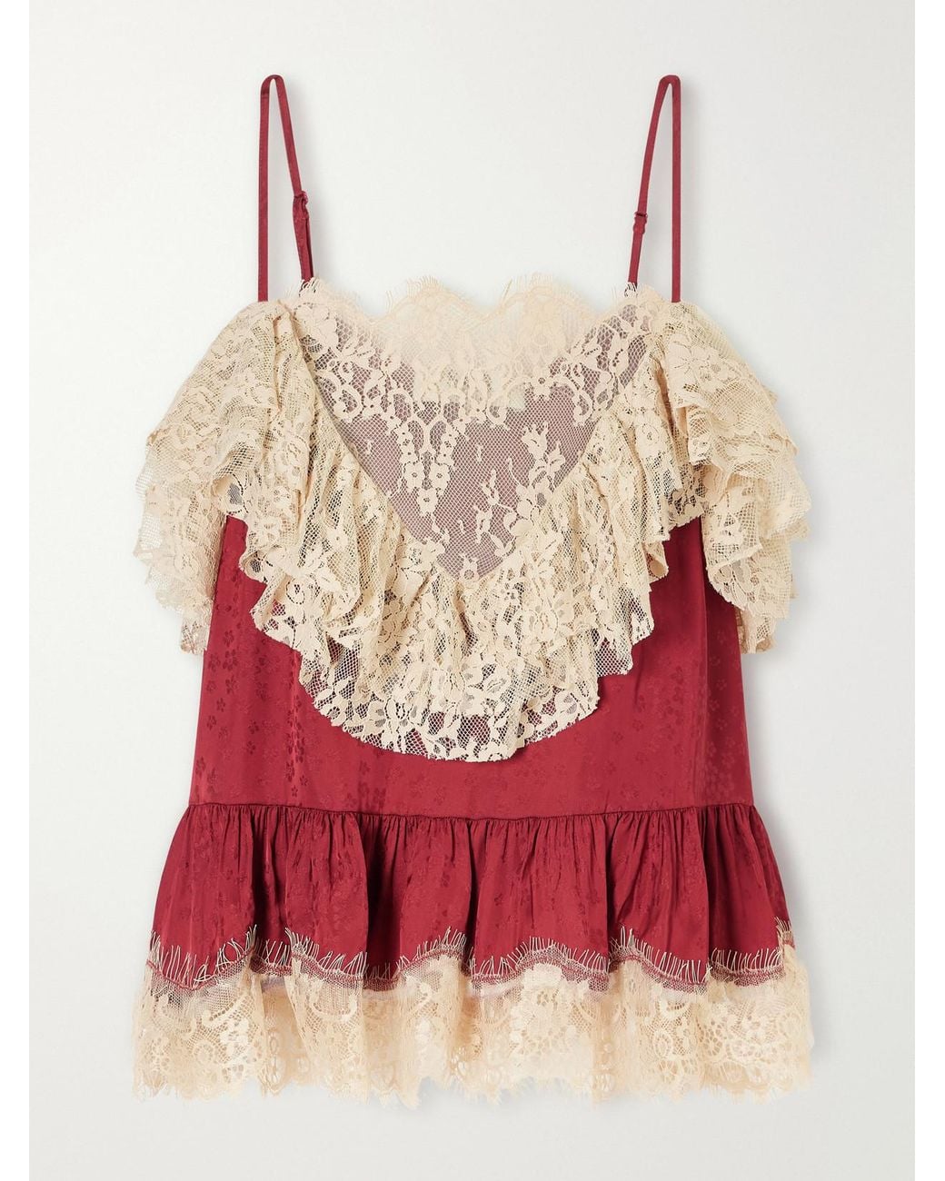 Sea Red Ethel Ruffled Lace-Trimmed Floral-Jacquard Satin Cami