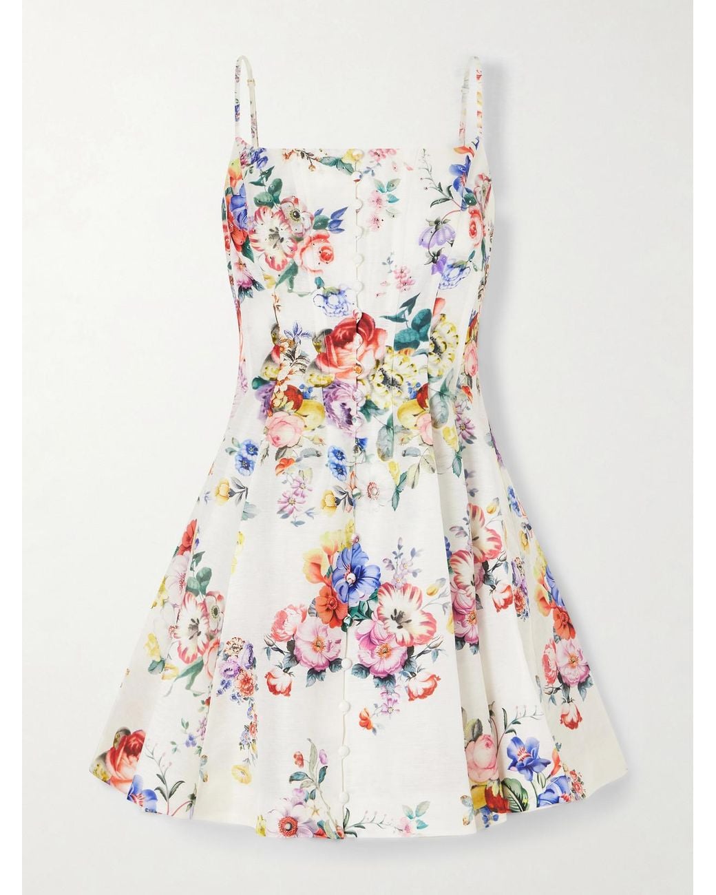 Camilla White Paneled Embellished Floral-Print Silk And Linen-Blend Mini Dress