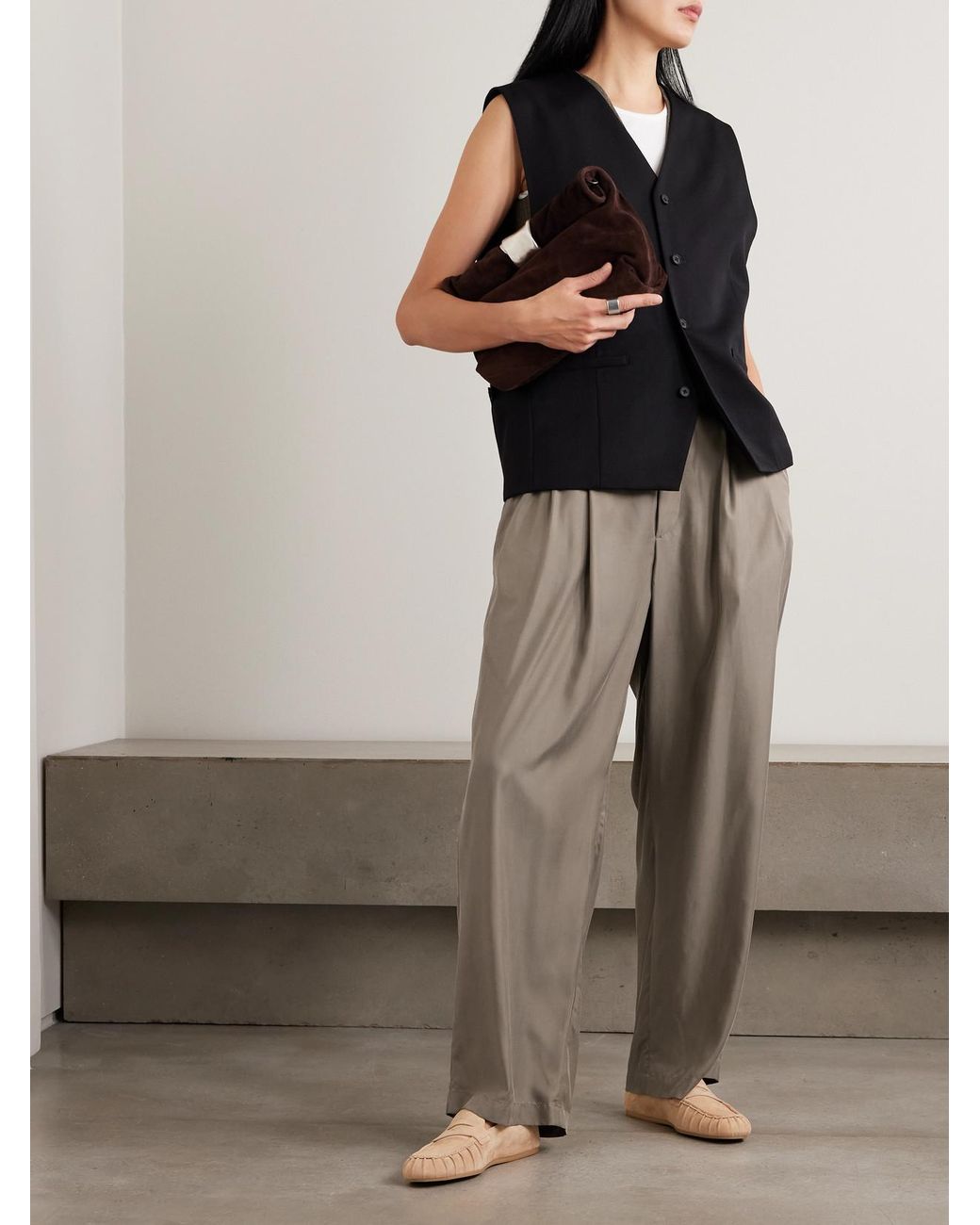 Ssstein Natural Pleated Twill Wide-Leg Pants