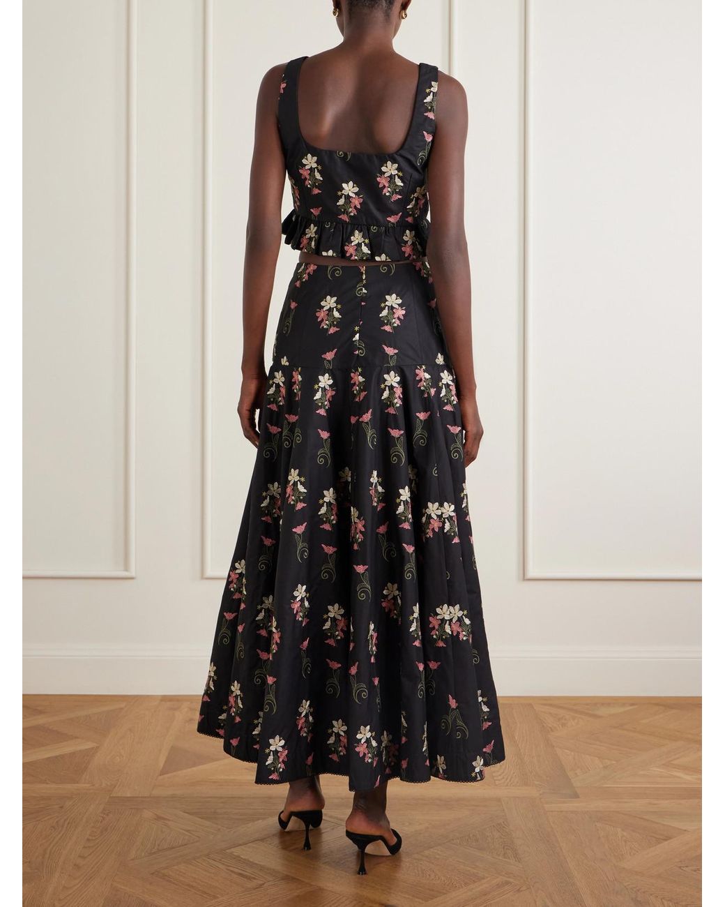 Agua Bendita Black Nacar Noche Floral-Embroidery Cotton Maxi Skirt