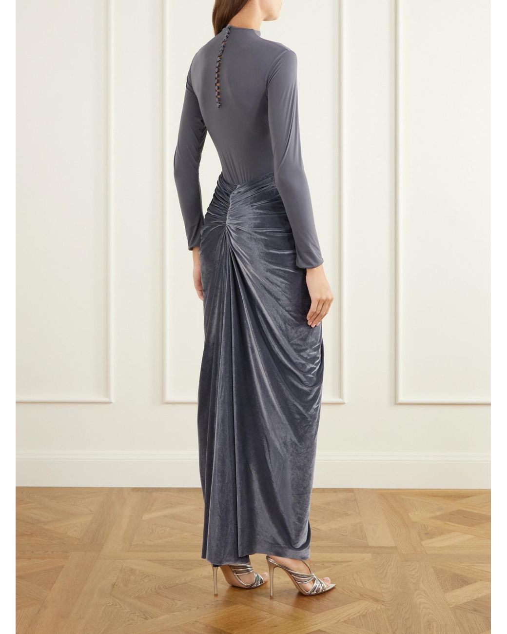 Maygel Coronel Gray Guernica Draped Mesh And Velvet Maxi Dress