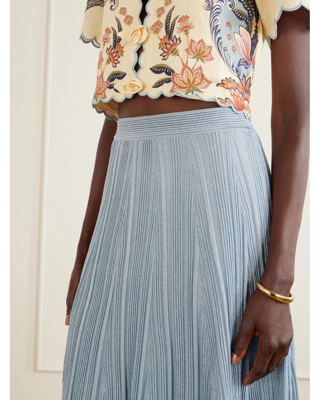 Zimmermann Blue Aster Metallic Ribbed-Knit Midi Skirt