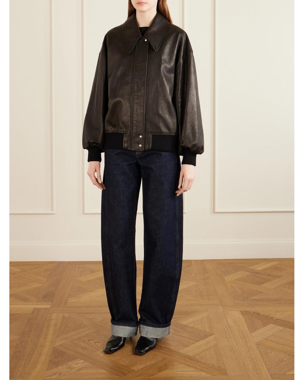 Khaite Black Shelman Leather Bomber Jacket