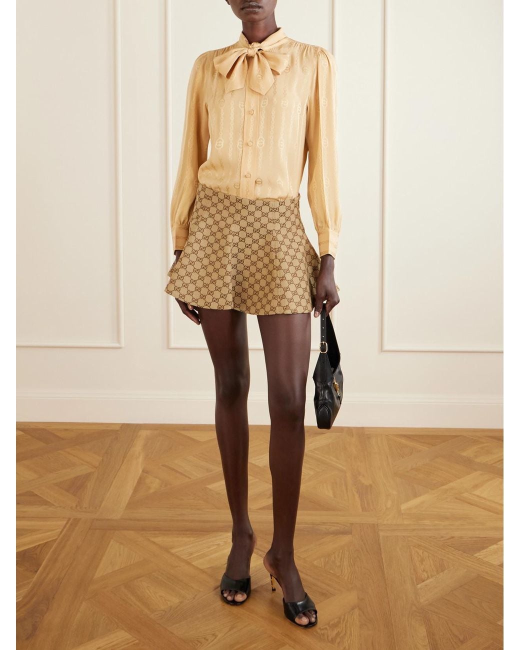 Gucci Natural Pussy-Bow Logo-Jacquard Silk Shirt