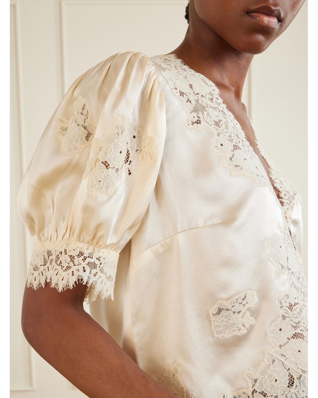 Doen Natural Idella Lace-Trimmed Silk-Satin Blouse