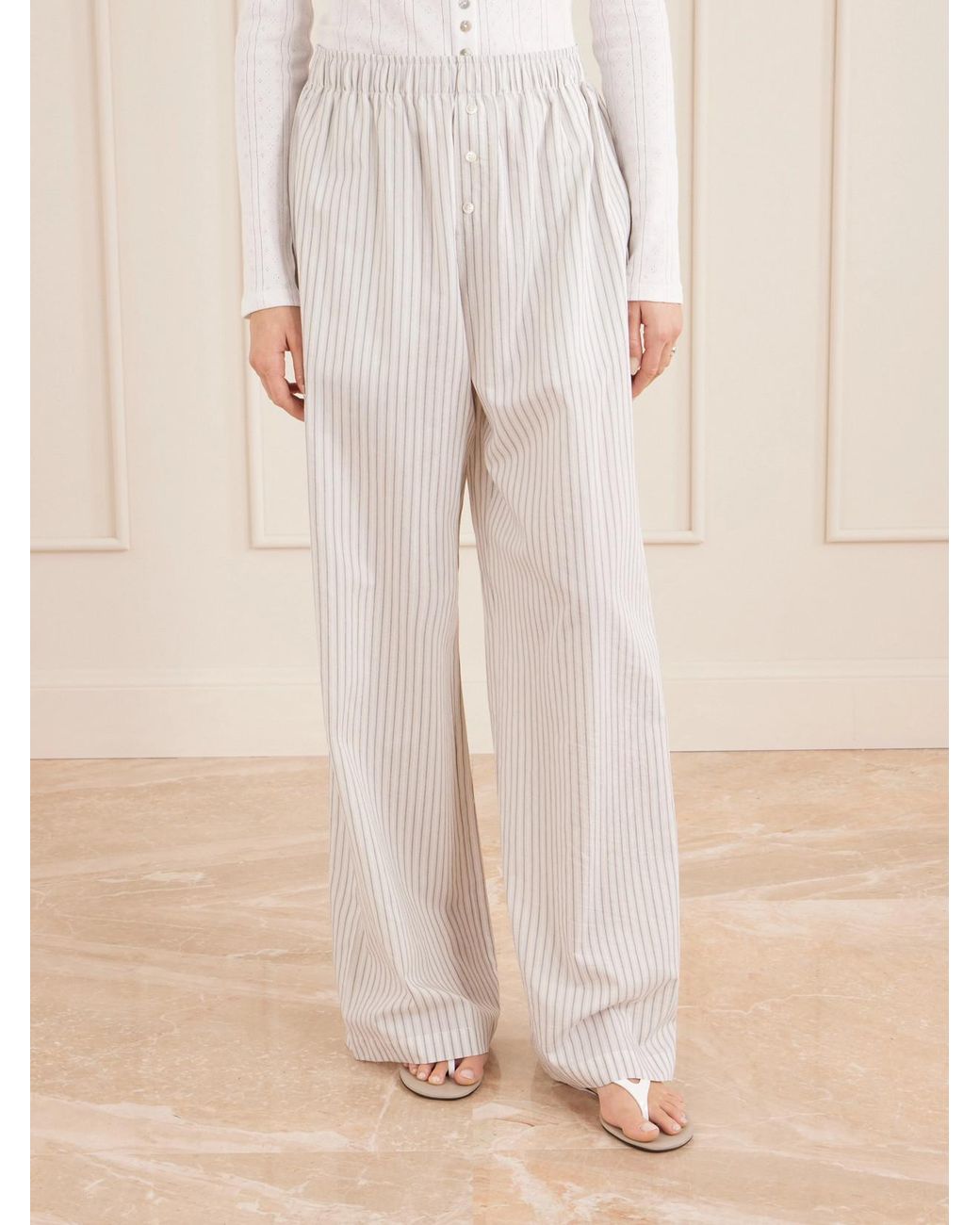 Rohe White Striped Silk And Cotton-Blend Wide-Leg Pants