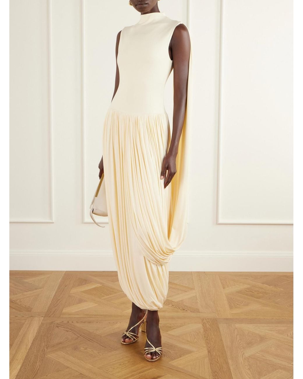 Abadia Natural Asymmetric Draped Stretch Bamboo-Jersey Midi Dress