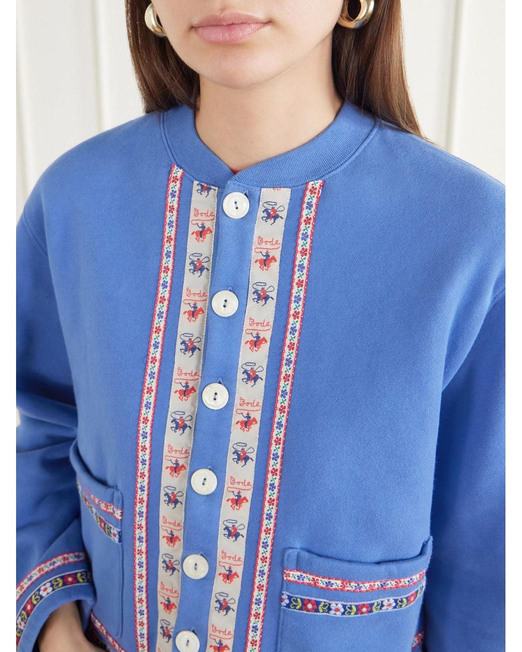 Bode Blue Jacquard-Trimmed Cotton-Jersey Cardigan